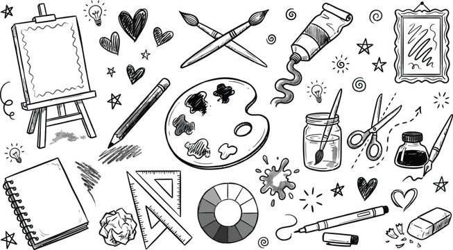 Creative art supplies and tools for painting and drawing on a white background with hearts and stars