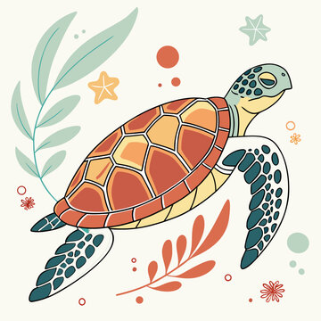 Sea turtle with plant elements and flowers.