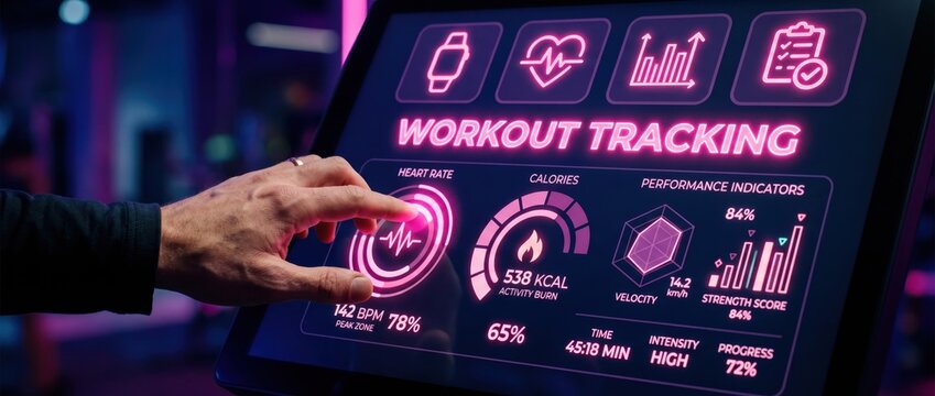 Man's hand interacting with digital fitness dashboard showing workout tracking data during gym session
