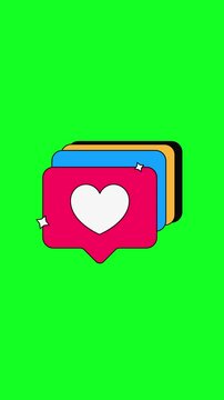 Animated Colorful Love Heart Notification Pop Up Vertical Orientation on Chroma Key Green Screen for Social Media Engagement and Creative Interface High-Resolution 4K