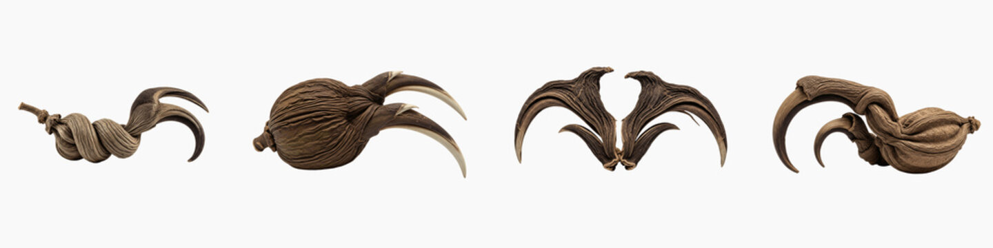 Set of predatory animal claws featuring sharp talons on black background