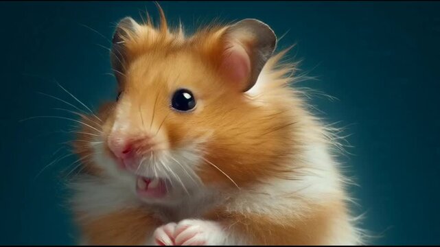 Beautiful hamster with fluffy orange fur posing against blue backdrop