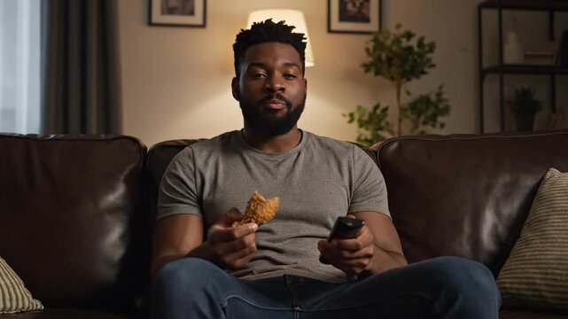 Young African American man sitting on a leather sofa at home, holding a fried chicken drumstick and a TV remote control while looking at the screen with a smile.