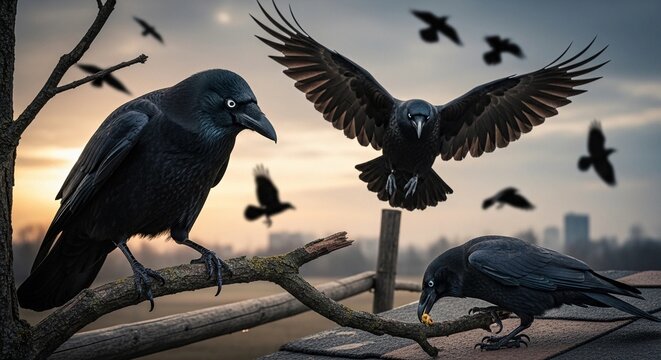 A group of black crows perched on a branch with a city skyline in the background at sunset