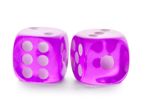 Purple game dices on white background