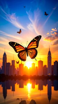 Butterfly soars over city skyline, sunset backdrop with water reflection