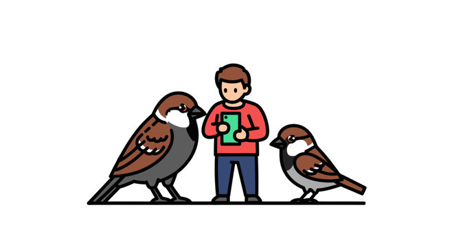 Illustration of a person standing between two sparrows, holding a book.