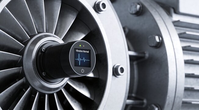 Industrial predictive maintenance interface with vibration sensor on turbine housing, clean Industry 4.0 monitoring visual for condition tracking, asset reliability and connected factory operations