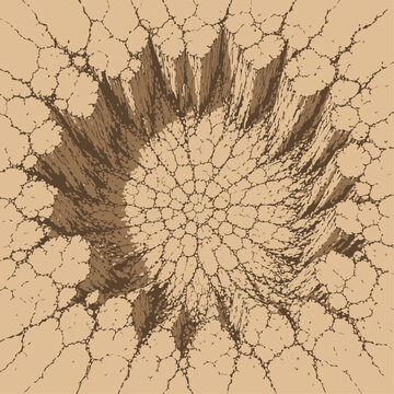 Intricate fractal battle damage pattern with cracked impact textures radiating inward, creating explosive depth, rugged energy, and geological abstraction.