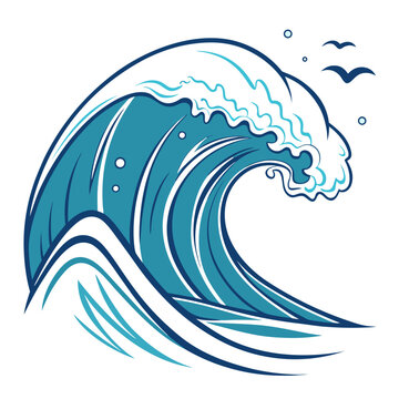 Dynamic ocean wave with seabirds and ocean spray.