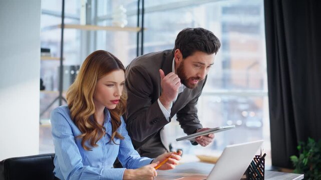 Worried coworkers complaining online conference dissatisfied problem closeup.