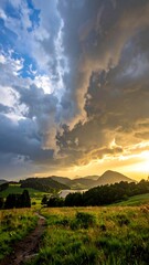 Obraz premium Dramatic sunset over mountain landscape scene.