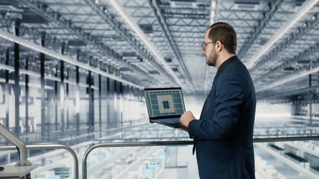 Developing electronics, microchips and man with coworker in advanced automation smart factory. Optimizing semiconductor design flow, simulation software and teamworking colleagues, camera B