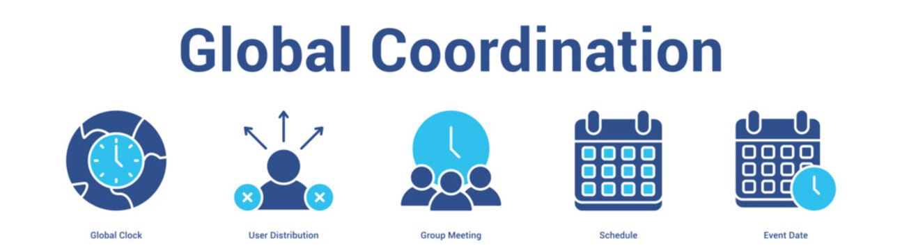 Global Coordination web banner icon set vector illustration concept for business with icon of Global Clock, User Distribution, Group Meeting, Schedu.