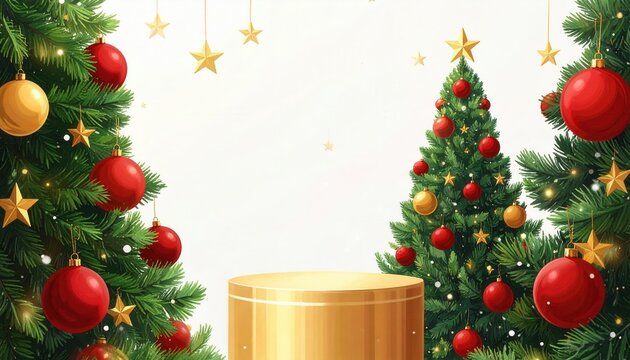 Escena navide&ntilde;a festiva con pedestal dorado flanqueado por &aacute;rboles decorados y adornos rojos