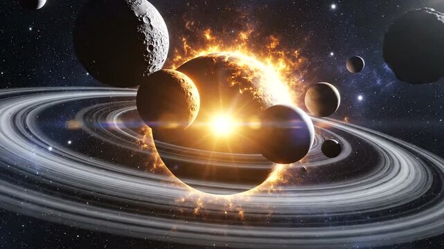Planets orbiting around a bright sun.