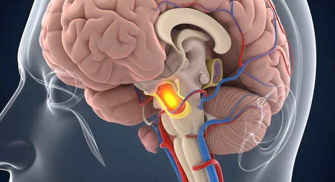 Detailed 3D Medical Illustration of Human Brain Anatomy with Highlighted Brainstem Area.