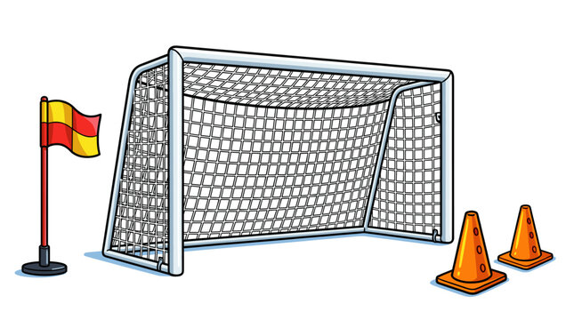 A football goal with a flag and cones, ready for the game. The equipment is set on a grassy field. 