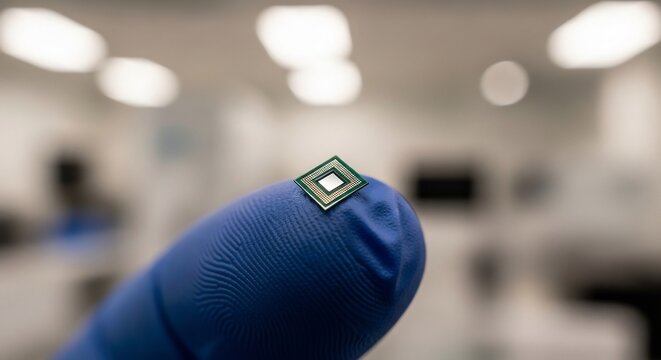 Close-up of a tiny microchip held between gloved fingers in a laboratory setting.