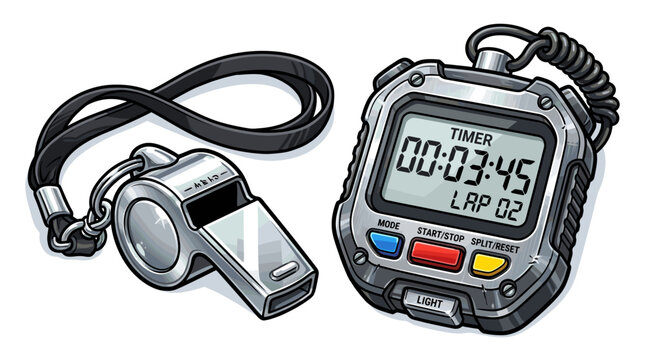 Close-up view of a Stopwatch and Whistle. The whistle and stopwatch are meticulously designed, creating a visually compelling image.
