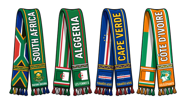 Four colorful scarves each representing a different country, showcasing their unique flags and designs
