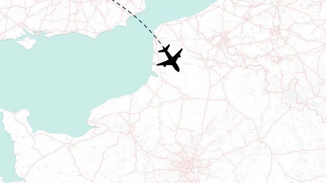 Animated flight path from London to Paris in motion video footage