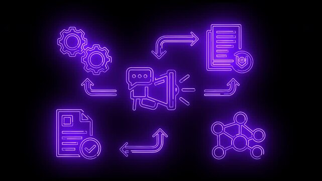 Neon purple flowchart icons on a black background with arrows and symbols.