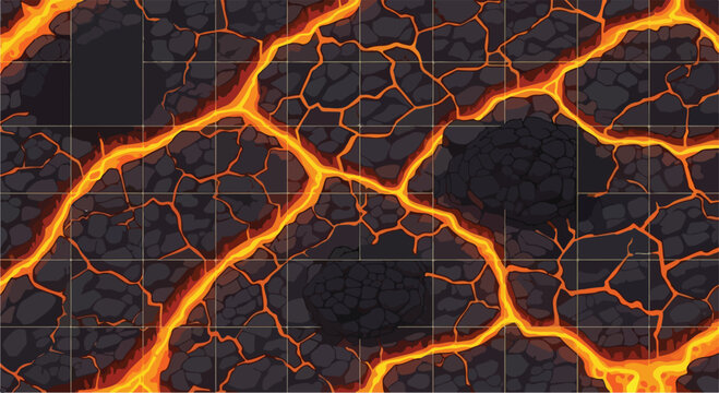 Molten lava texture with glowing magma cracks, volcanic rock ground for game design, seamless top-down fire and stone terrain vector