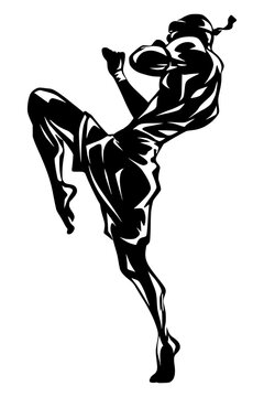 Muay Thai fighter executing powerful high knee strike with mongkon headband and wrist wraps, dynamic action pose bold black illustration isolated on background