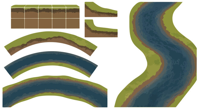 Isometric game map tiles with river and grass, modular landscape construction set, 2D top-down environment assets for game design
