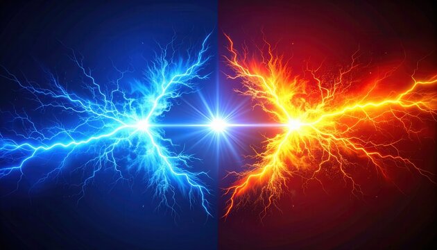 Confronto de energia de for&ccedil;as el&eacute;tricas azuis e vermelhas criando luz intensa para fundos