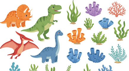 Cute Dinosaur Character Set with T-Rex Triceratops Brachiosaurus and Pterodactyl Featuring Prehistoric Plants and Underwater Coral Elements for Children Education and Decor Designs © mdferozhossain