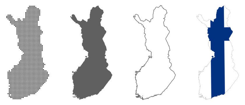 Finland country map vector set with dotted pattern solid silhouette outline and national flag illustration