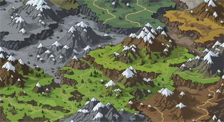 Fantasy world map with snowy mountains and green valleys, isometric game landscape vector, medieval adventure terrain with winding paths © line art stcoker.com