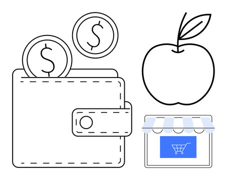 Online shopping, digital wallets, financial management, eCommerce, budgeting, spending habits. A wallet, coins apple and an online store icon. Online shopping and digital wallets concept