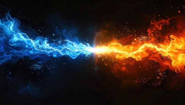 Choque de energia entre elementos azuis e laranjas criando uma poderosa explos&atilde;o vibrante de luz e part&iacute;culas