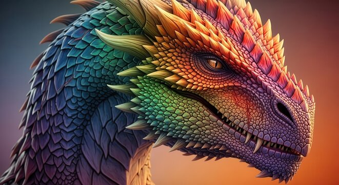 Majestic Rainbow Dragon Head Close-Up, Vibrant Scales, Fantasy Creature Portrait
