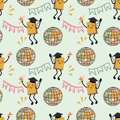 Naklejka premium Seamless vector pattern with cute book characters celebrating graduation at a disco party.