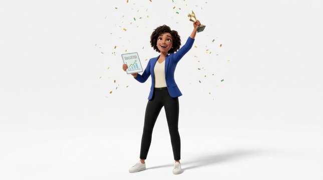 Successful 3D female executive celebrating with trophy and growth chart on tablet, happy black businesswoman winning award with falling confetti, career achievement and business victory concept.