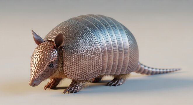 Close-up of a Three-banded Armadillo with its armored shell, standing on a neutral background.