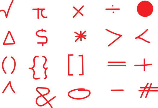 Collection of mathematical symbols and signs in red on a light blue background