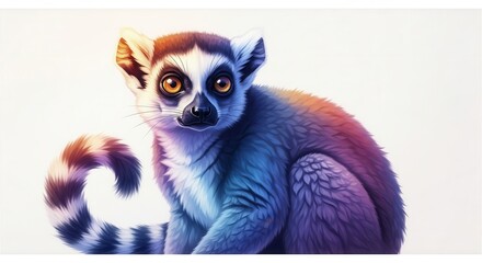 Fototapeta premium Vibrant Ring-Tailed Lemur Portrait, Colorful Fur, Studio Shot, White Background