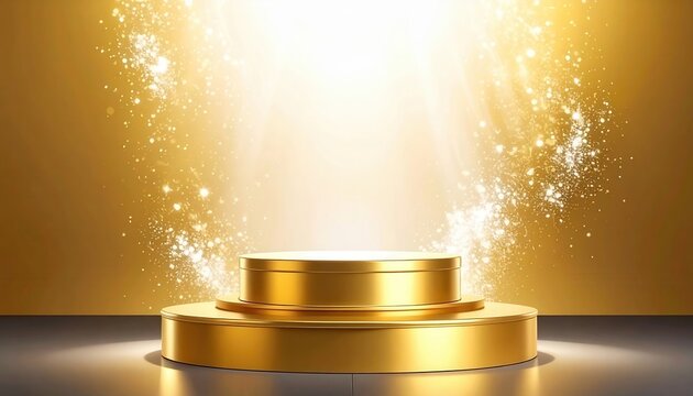 Elegante podio dorado de dos niveles con luz radiante y part&iacute;culas brillantes de lujo