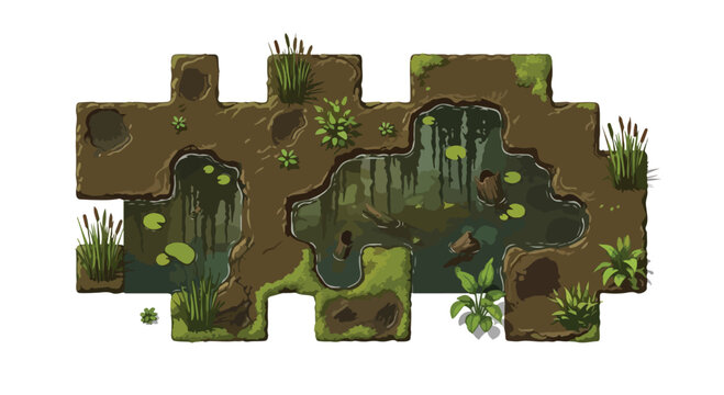 Top down swamp game map tiles, pixel art marsh environment with water and lily pads, 2D game level design assets for forest and bog terrain