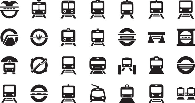 Black and white train station icons collection