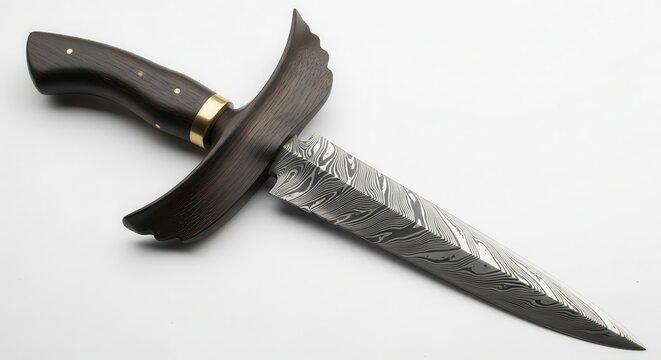 Damascus Steel Dagger with Ornate Handle - Close-up Studio Shot
