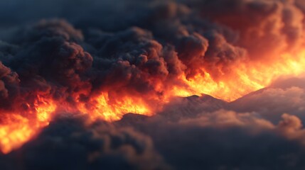 Fototapeta premium A raging wildfire engulfs a forest, sending thick black smoke into the sky amid intense orange flames.
