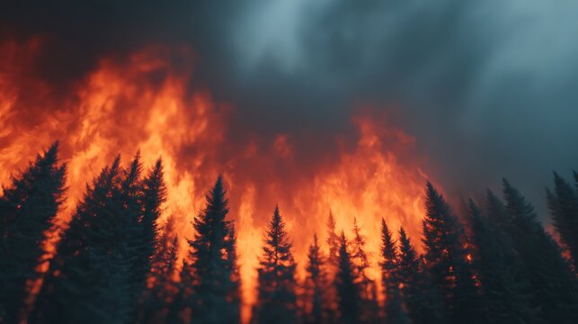 Intense wildfire engulfs a dense forest, with towering flames and thick smoke against a dark, cloudy sky.
