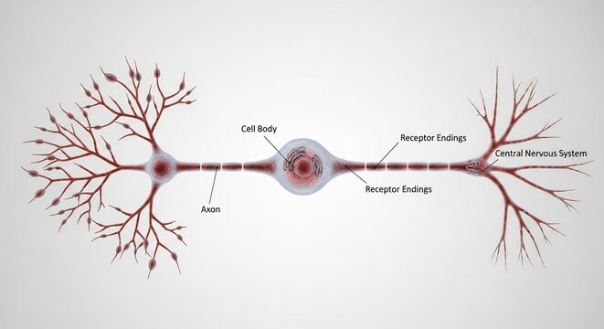 Detailed illustration of a neuron cell body with dendrites and axon terminals.