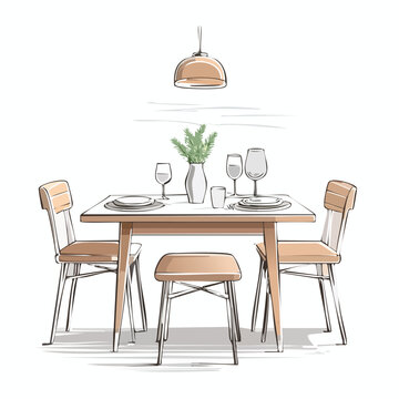 Dining table set with four chairs and a chandelier white background pendant light home decor hand drawn chandelier restaurant interior furniture illustration minimalist breakfast tableware